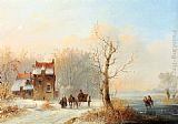 Horse Canvas Paintings - A Winter Landscape With Skaters On A Frozen waterway And A Horse-drawn Cart On A Snow-covered Track